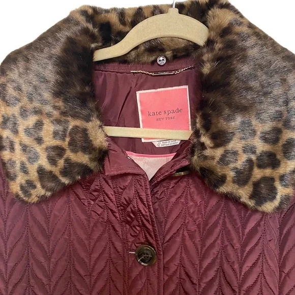 Kate Spade Quilted Chevron Jacket w/ Removable Faux Fur Leopard Collar - Picture 2 of 13
